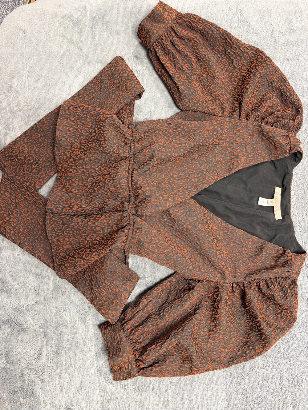 Hutch Rust and Black Leopard-Print V-Neck Blouse with Puff Sleeves
